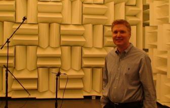 Photo of Dr. Rich Ruhala inside hemi-anechoic chamber at Georgia Tech in 2011.