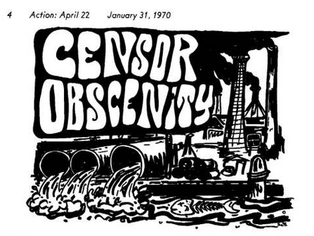 Drawing of air and water pollution and the words Censor Obscenity