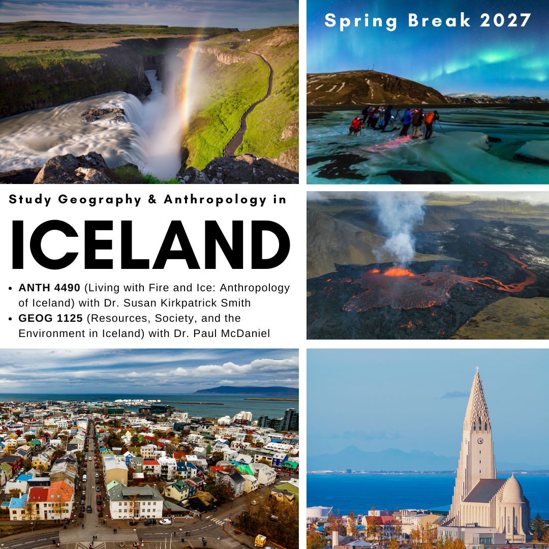 A flyer for Study Abroad in Iceland Spring Break 2027 with several representative images of Icelandic landscapes